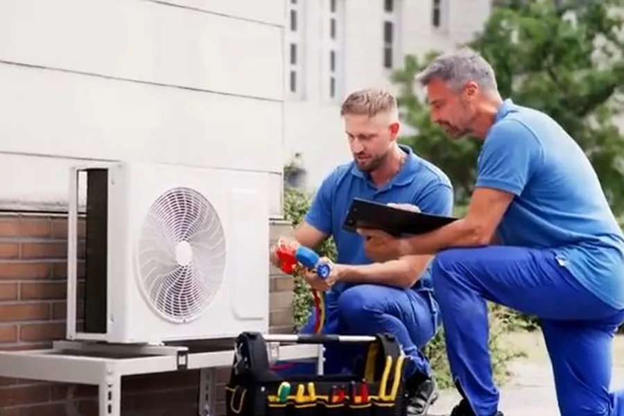 Two plumbing technicians discussing equipment outside a home for About Fountain Valley Plumbing Pros in Fountain Valley